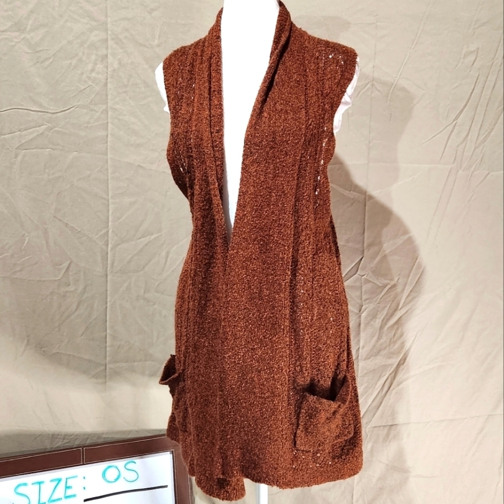 Maurices OS variegated brown crochet thigh length open front vest w pockets